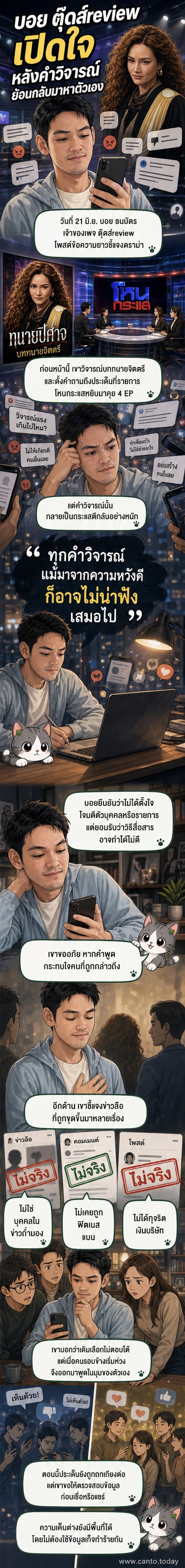 ภาพประกอบเว็บตูนข่าว แสดงบอย ตุ๊ดส์review ยืนอยู่หน้าจอแสดงความคิดเห็นที่ถูกวิจารณ์ พร้อมข้อความขอโทษและชี้แจง
