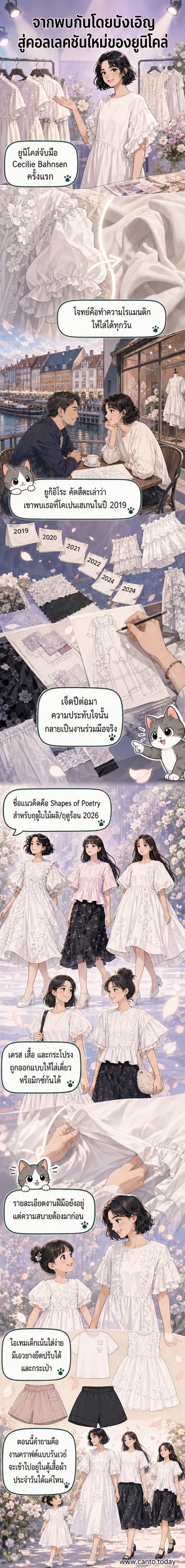 ภาพคอลเลคชันร่วมมือระหว่างยูนิโคล่กับ Cecilie Bahnsen ที่แสดงชุดเดรสแขนพอง ลวดลายดอกไม้ และชุดคู่แม่ลูกในโทนสีอ่อน