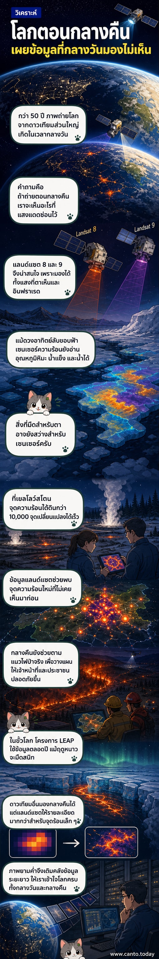 ภาพจำลองดาวเทียมแลนด์แซตถ่ายพื้นผิวโลกในเวลากลางคืน โดยแสดงจุดความร้อนจากภูเขาไฟและไฟป่าเป็นแสงสีแดงเรืองบนพื้นหลังมืด