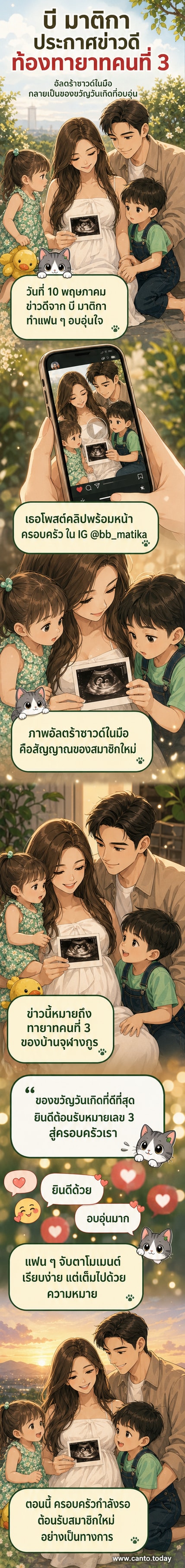 ภาพครอบครัว บี มาติกา และ กรกฤช จุฬางกูร พร้อมลูกสองคน ถือภาพอัลตร้าซาวด์ทารกในครรภ์ บรรยากาศอบอุ่น
