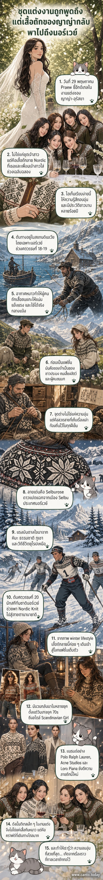 ญาญ่า-อุรัสยา และเพื่อนเจ้าสาวสวมเสื้อถักลาย Nordic สีสันสดใส ยืนยิ้มในงานแต่งงาน ท่ามกลางบรรยากาศอบอุ่น