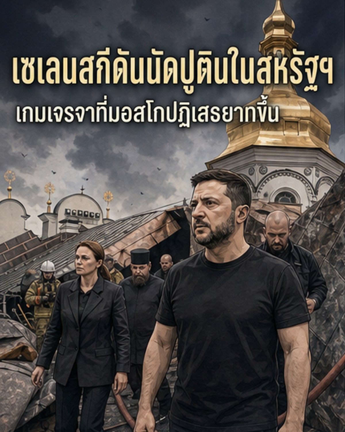 ประธานาธิบดีเซเลนสกีและนายกรัฐมนตรีสวีรีเดนโกเยี่ยมชมมหาวิหารที่ถูกโจมตีในกรุงเคียฟ หลังการเสนอเจรจากับปูติน