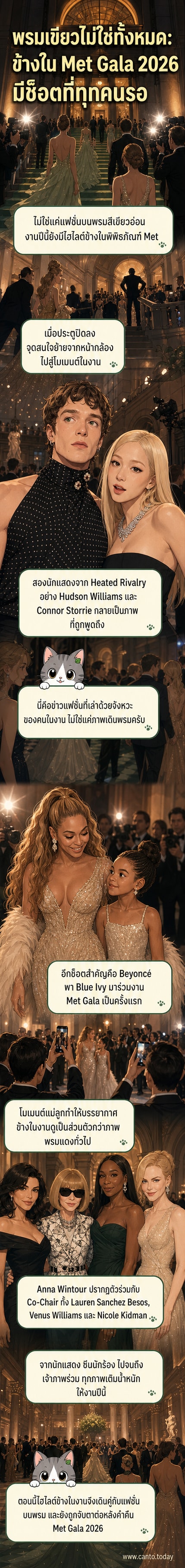 ภาพรวมงาน Met Gala 2026 ภายในพิพิธภัณฑ์เมโทรโพลิแทน แสดงกลุ่มคนดังรอบโต๊ะอาหาร พร้อมฉากหลังนิทรรศการ Costume Art และป้ายชื่องานสีทอง