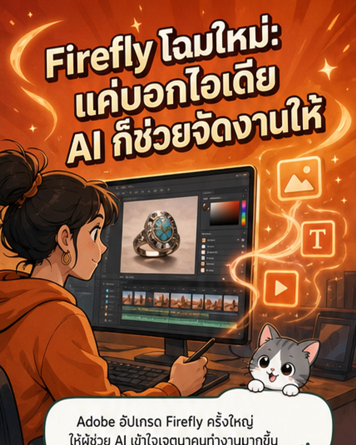 ภาพประกอบเว็บตูนข่าวแสดงการอัปเกรด Firefly ของ Adobe ด้วยระบบ AI Agent ที่ช่วยงานครีเอทีฟอย่างชาญฉลาด