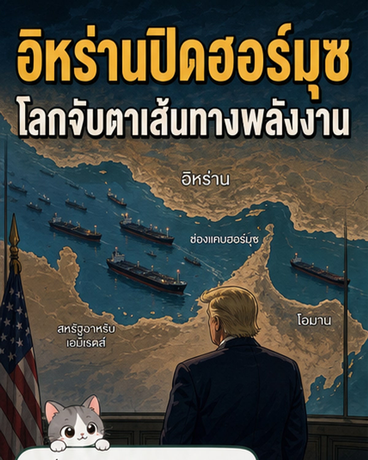 แผนที่ช่องแคบฮอร์มุซที่ถูกปิด พร้อมภาพเรือรบและเครื่องบินรบในพื้นที่