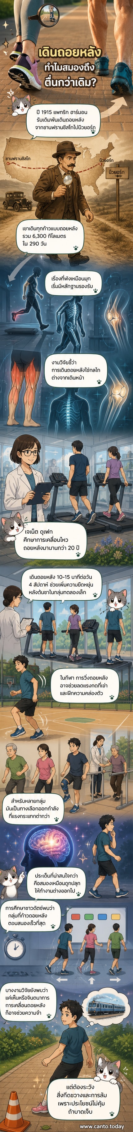 ภาพประกอบแสดงบุคคลเดินถอยหลังบนทางเดินในสวนสาธารณะ พร้อมคำอธิบายประโยชน์ต่อร่างกายและสมอง