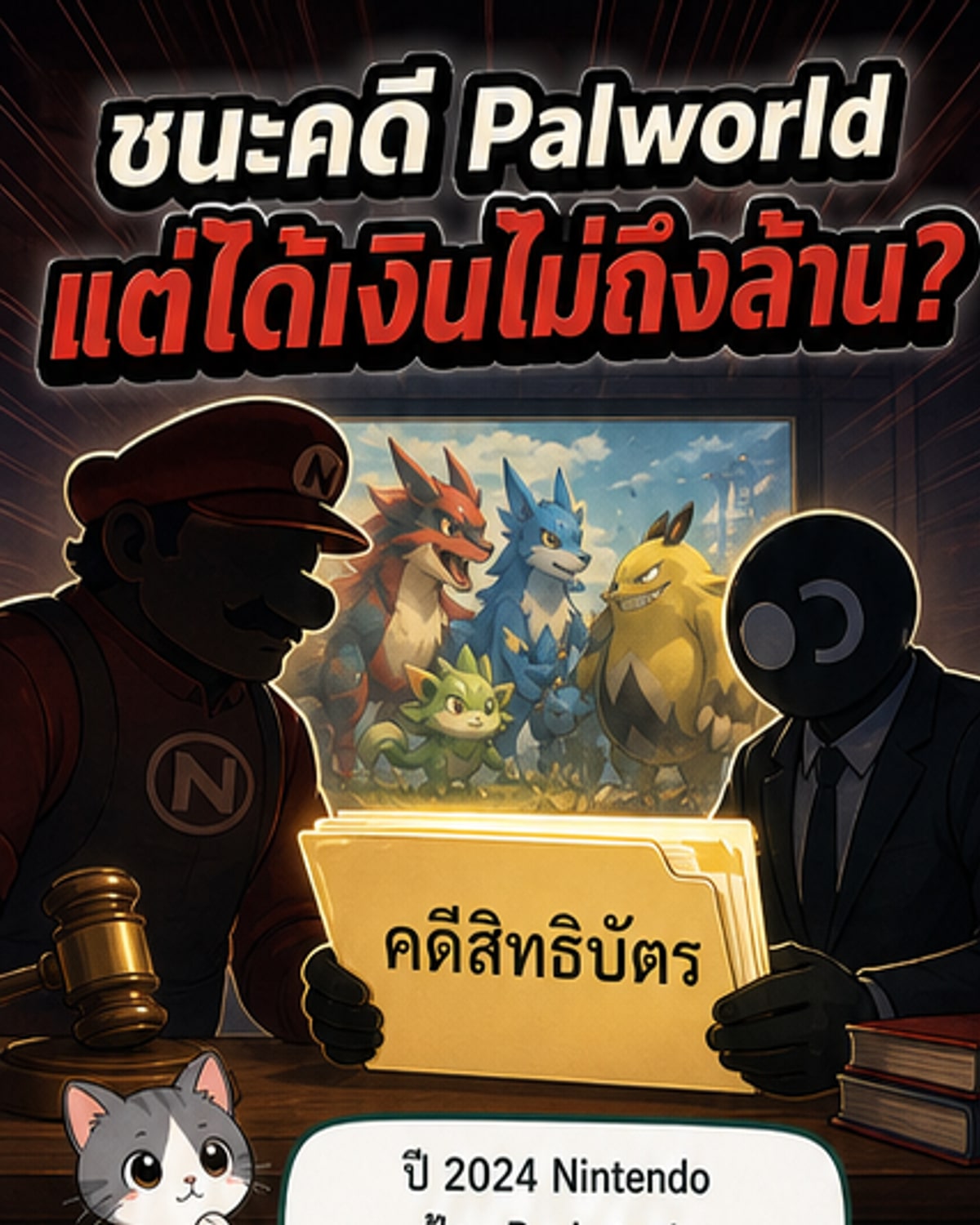 ภาพประกอบเว็บตูนข่าว แสดงนินเทนโดถือเอกสารฟ้องร้อง เปรียบเทียบกับตัวละคร Palworld และโปเกมอน พร้อมตัวเลขค่าชดเชย 990,000 บาท