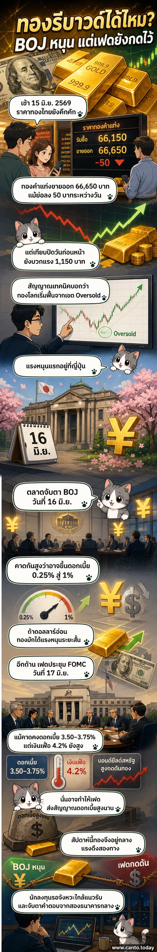 กราฟราคาทองคำแสดงการผันผวนรุนแรงพร้อมไอคอนธนาคารกลางญี่ปุ่นและเฟด