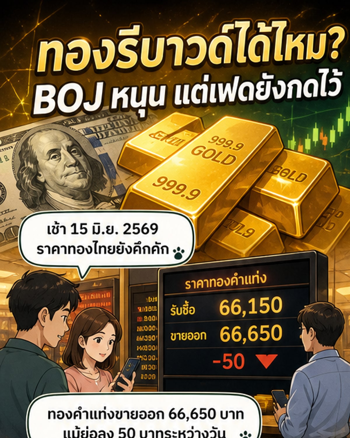 ทองคำผันผวน! จับตาโบจิขึ้นดอกเบี้ย เฟดยังหนุนดอลลาร์
