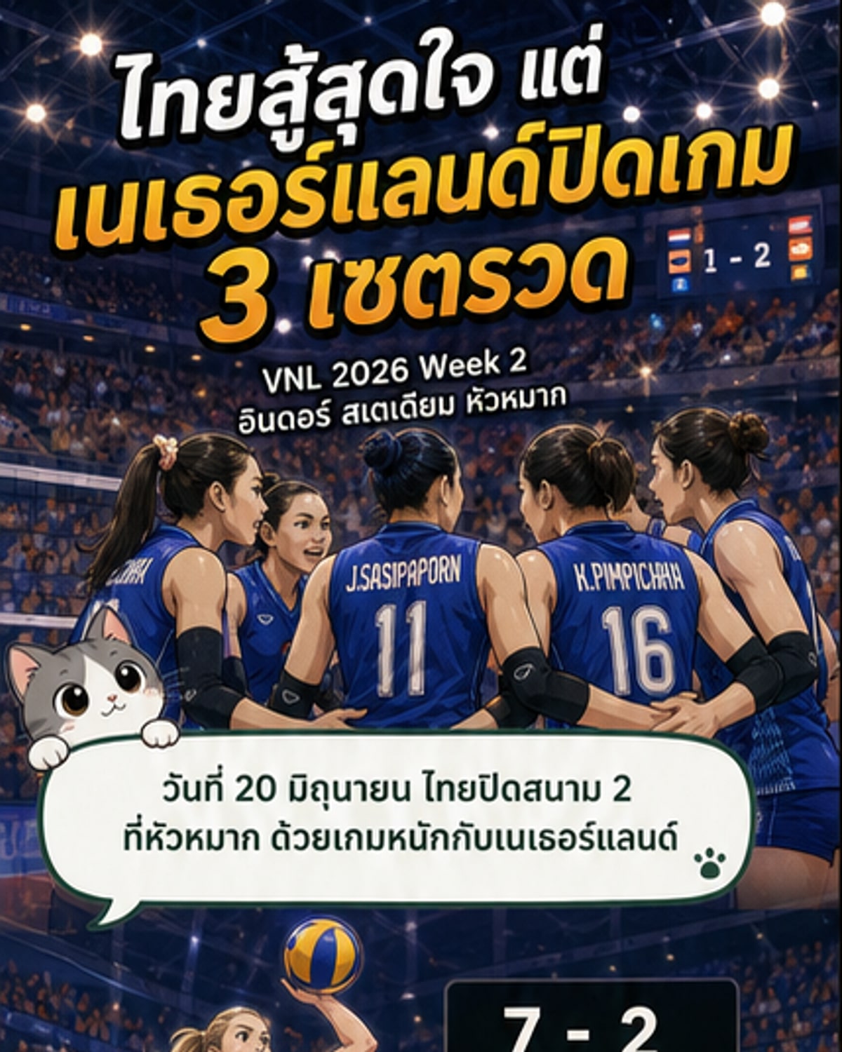 นักวอลเลย์บอลหญิงทีมชาติไทยในชุดแข่งสีแดง กำลังเล่นในสนามอินดอร์ สเตเดียม หัวหมาก ขณะที่ผู้เล่นเนเธอร์แลนด์ในชุดสีส้มเตรียมบล็อก