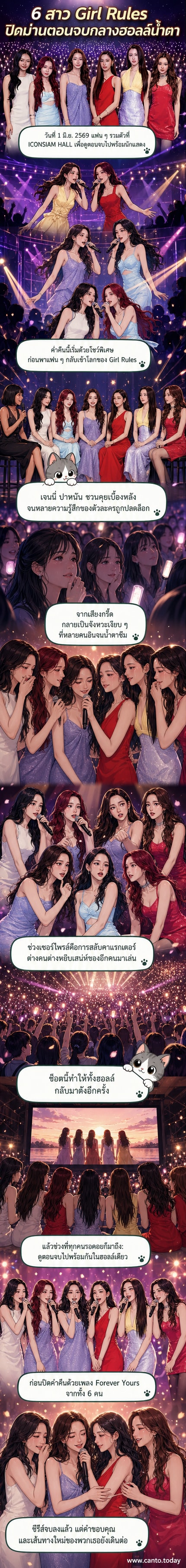 นักแสดงซีรีส์ Girl Rules ทั้ง 6 คน ยืนเรียงกันบนเวทีในชุดทางการ พร้อมยิ้มและโบกมือให้แฟนๆ ที่งานแฟนมีตติ้งตอนจบ