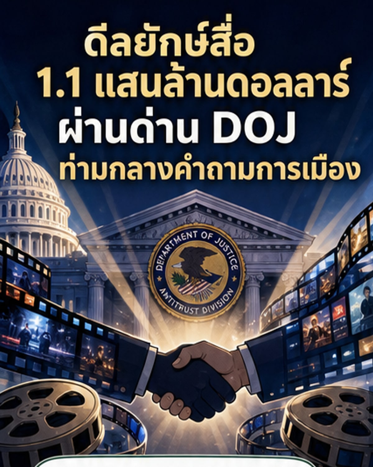 ภาพประกอบดีลควบรวมกิจการระหว่างพาราเมาท์และวอร์เนอร์ บราเธอร์ส ดิสคัฟเวอรี พร้อมโลโก้บริษัททั้งสองและตัวเลขมูลค่าดีล 1.1 แสนล้านดอลลาร์