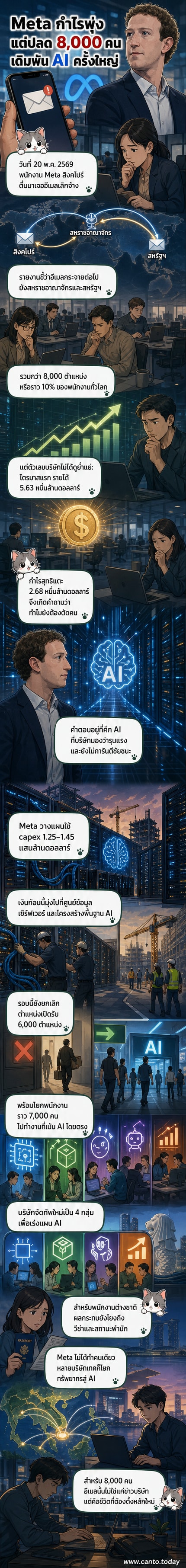 ภาพประกอบเว็บตูนข่าว แสดงพนักงานเมตาในสำนักงานสาขาสิงคโปร์ได้รับอีเมลเลิกจ้าง พร้อมหน้าจอแสดงแผนภูมิการโยกย้ายทีมงานสู่แผนก AI