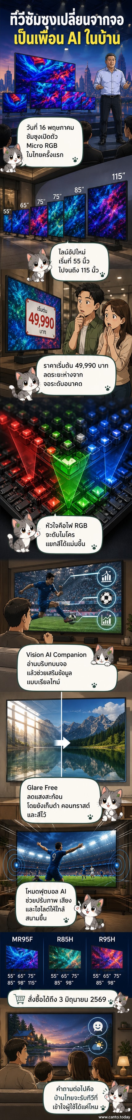 ภาพเรนเดอร์ทีวีซัมซุง Micro RGB ขนาดใหญ่ ติดผนังห้องนั่งเล่นทันสมัย พร้อมแสงสีที่สดใสและไม่มีแสงสะท้อน แสดงถึงเทคโนโลยี Glare Free และภาพที่คมชัดระดับพรีเมียม