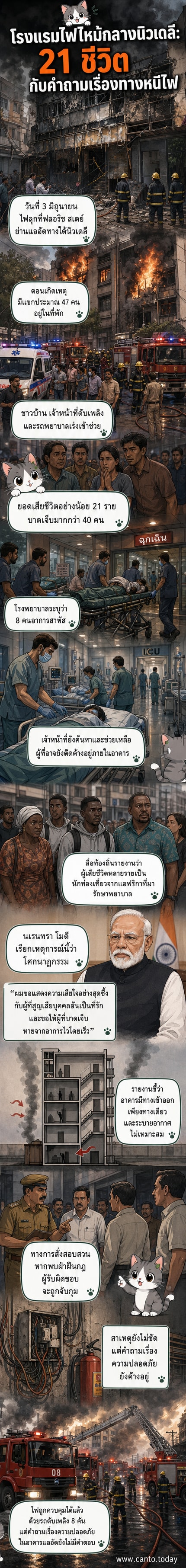 ภาพอาคารโรงแรมในนิวเดลีถูกเปลวเพลิงลุกไหม้สูง ควันดำหนาทึบพวยพุ่งขึ้นสู่ท้องฟ้า เจ้าหน้าที่ดับเพลิงและรถพยาบาลอยู่ในที่เกิดเหตุ