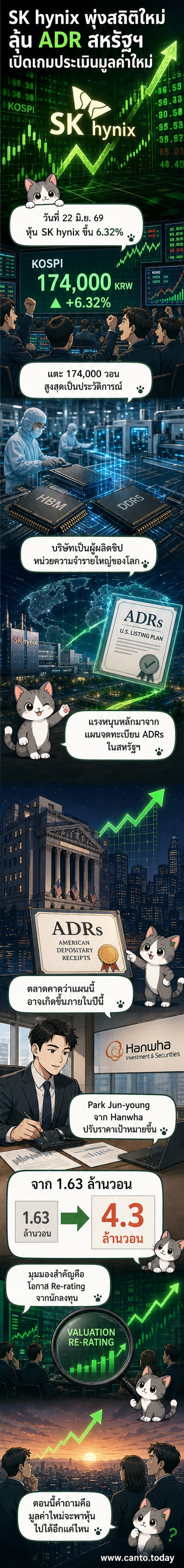 กราฟหุ้น SK hynix พุ่งขึ้นแตะระดับสูงสุดเป็นประวัติการณ์ที่ 174,000 วอน พร้อมโลโก้บริษัทและข้อความเกี่ยวกับแผนจดทะเบียน ADRs ในสหรัฐฯ