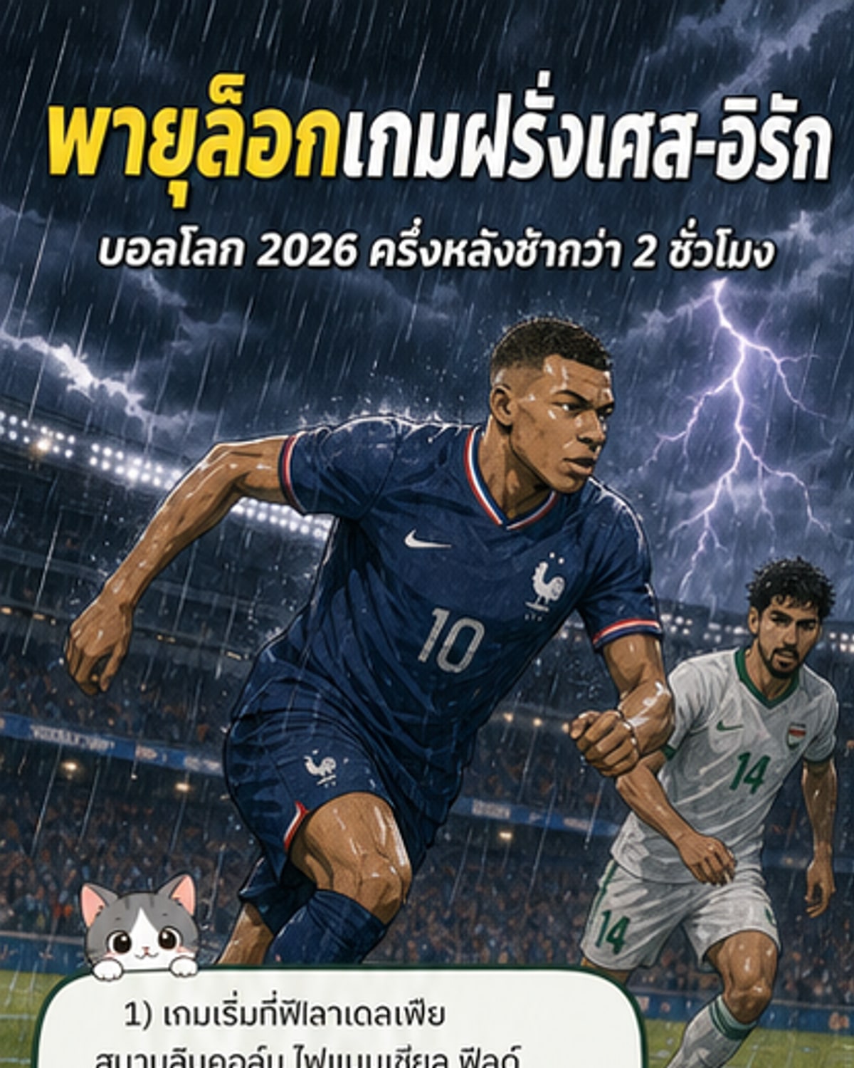 สนามฟุตบอลที่ถูกพายุฝนฟ้าคะนองถล่ม ผู้เล่นและผู้ตัดสินอยู่ในสนาม ขณะที่แฟนบอลบางส่วนถูกอพยพออกจากอัฒจันทร์เพื่อความปลอดภัย