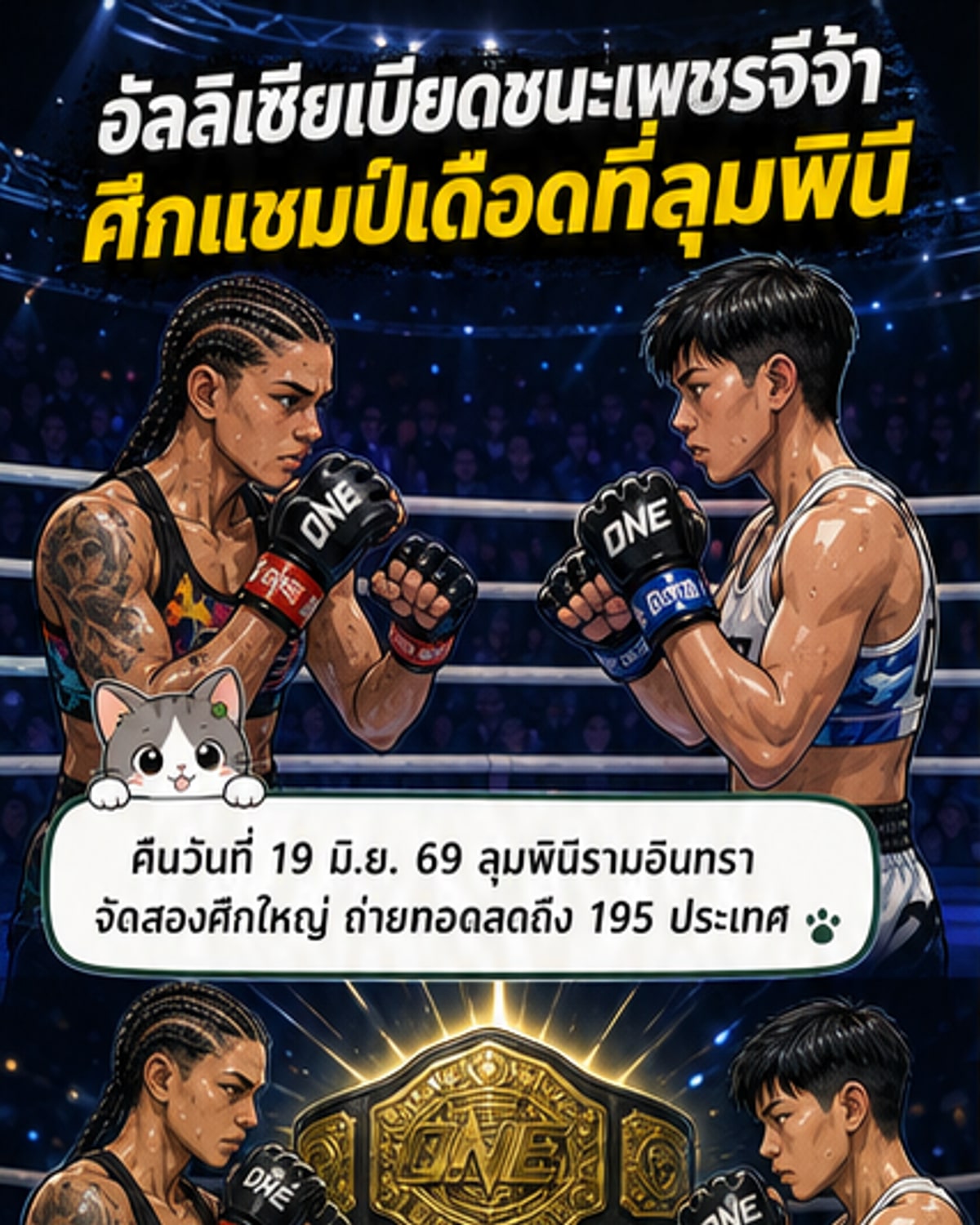 นักชกหญิงสองคนต่อสู้กันอย่างดุเดือดบนสังเวียนมวยไทย ท่ามกลางแสงไฟจากสนามเวทีลุมพินี