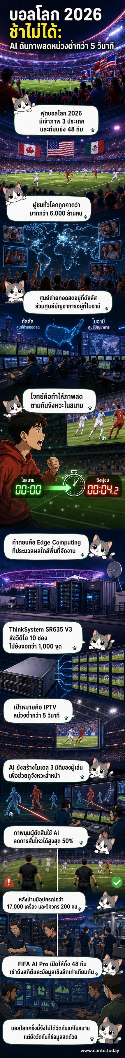 ภาพจำลองสนามฟุตบอลโลก 2026 ที่มีการแสดงข้อมูลเรียลไทม์จาก AI และภาพถ่ายทอดสดที่มีความหน่วงต่ำ