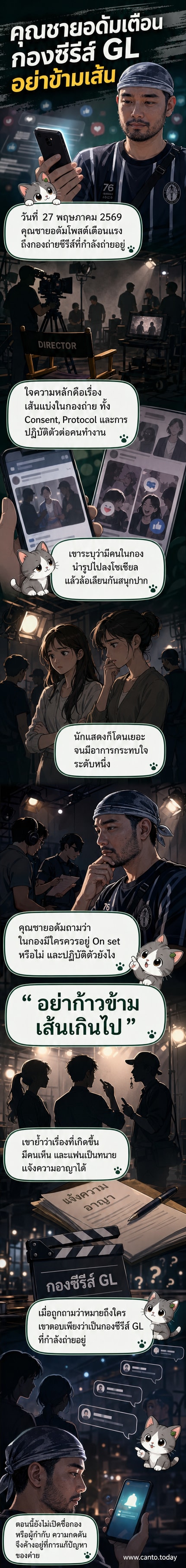 ภาพหน้าจอโพสต์เฟซบุ๊กของคุณชายอดัม ที่เขียนข้อความเตือนผู้กำกับและทีมงานกองซีรีส์ GL เรื่องพฤติกรรมข้ามเส้นและคุกคามทางเพศ