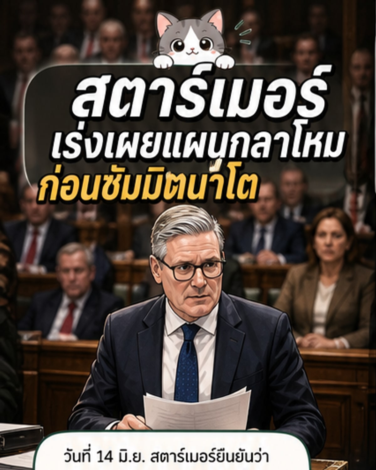 ภาพถ่ายสีขาวดำของนายสตาร์เมอร์ในชุดสูท กำลังพูดคุยทางโทรศัพท์ พร้อมข้อความซ้อนทับว่า 'แผนกลาโหมใหม่ก่อนนาโตซัมมิต'