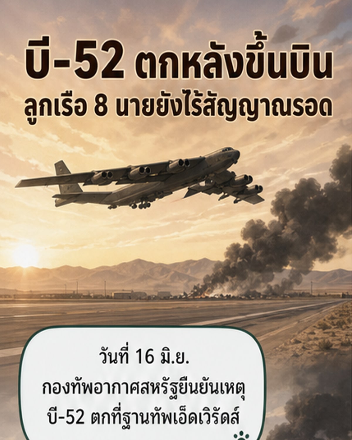 เศษซากเครื่องบิน B-52 ไหม้ดำอยู่ท่ามกลางทะเลทราย ควันดำหนาทึบลอยขึ้นจากจุดเกิดเหตุ