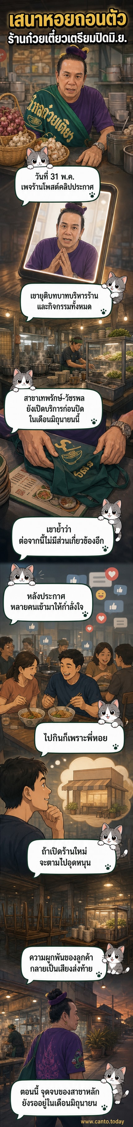 ภาพหน้าร้านบัวไหลก๋วยเตี๋ยวต้มยำ สาขาเทพรักษ์-วัชรพล และภาพคลิปวิดีโอเสนาหอยประกาศปิดร้าน