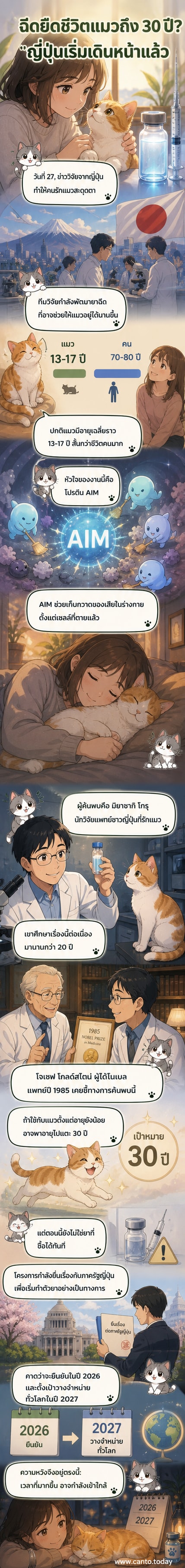 แมวขนปุยนอนอยู่บนพื้นผิวเทคโนโลยีสีฟ้า มีไอคอนโปรตีนและเข็มฉีดยารอบๆ ตัว แสดงถึงการวิจัยยืดอายุแมวด้วยโปรตีน AIM