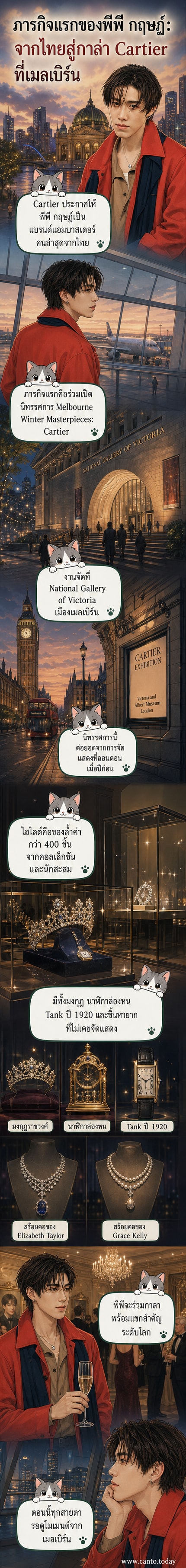 พีพี กฤษฏ์ ยืนอยู่หน้างานนิทรรศการ Cartier ที่เมลเบิร์น ท่ามกลางแสงไฟหรูหราและป้ายแบรนด์ขนาดใหญ่