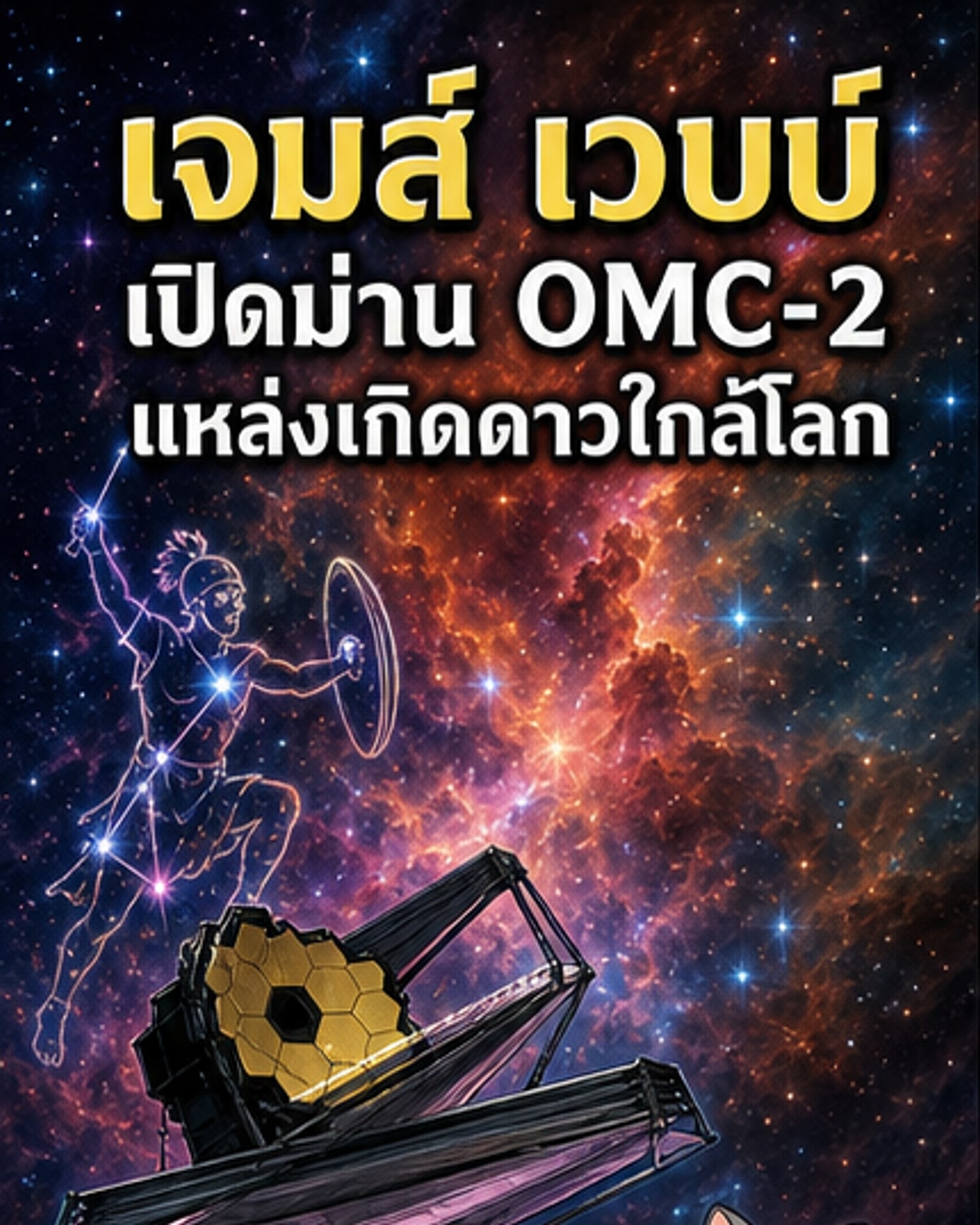 ภาพถ่ายจากกล้องเจมส์ เวบบ์แสดงกลุ่มเมฆโมเลกุลนายพรานสีแดงและส้มเรืองแสง พร้อมลำแสงพุ่งจากดาวใหม่ที่ซ่อนอยู่ในฝุ่นอวกาศ