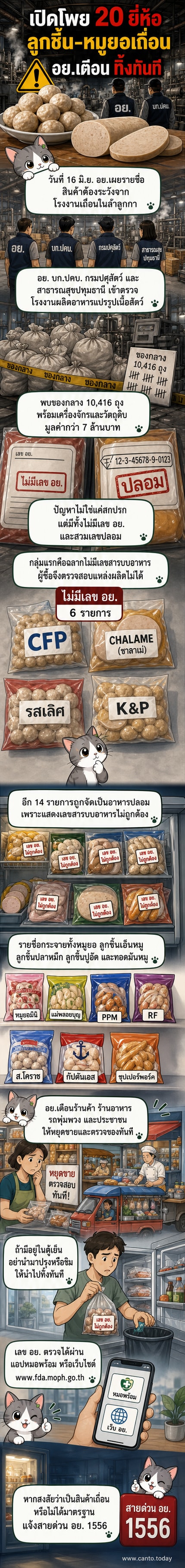 ภาพประกอบแสดงลูกชิ้นและหมูยอหลายยี่ห้อที่ถูกเรียกคืน พร้อมโลโก้ อย. และคำเตือนเรื่องความปลอดภัยอาหาร