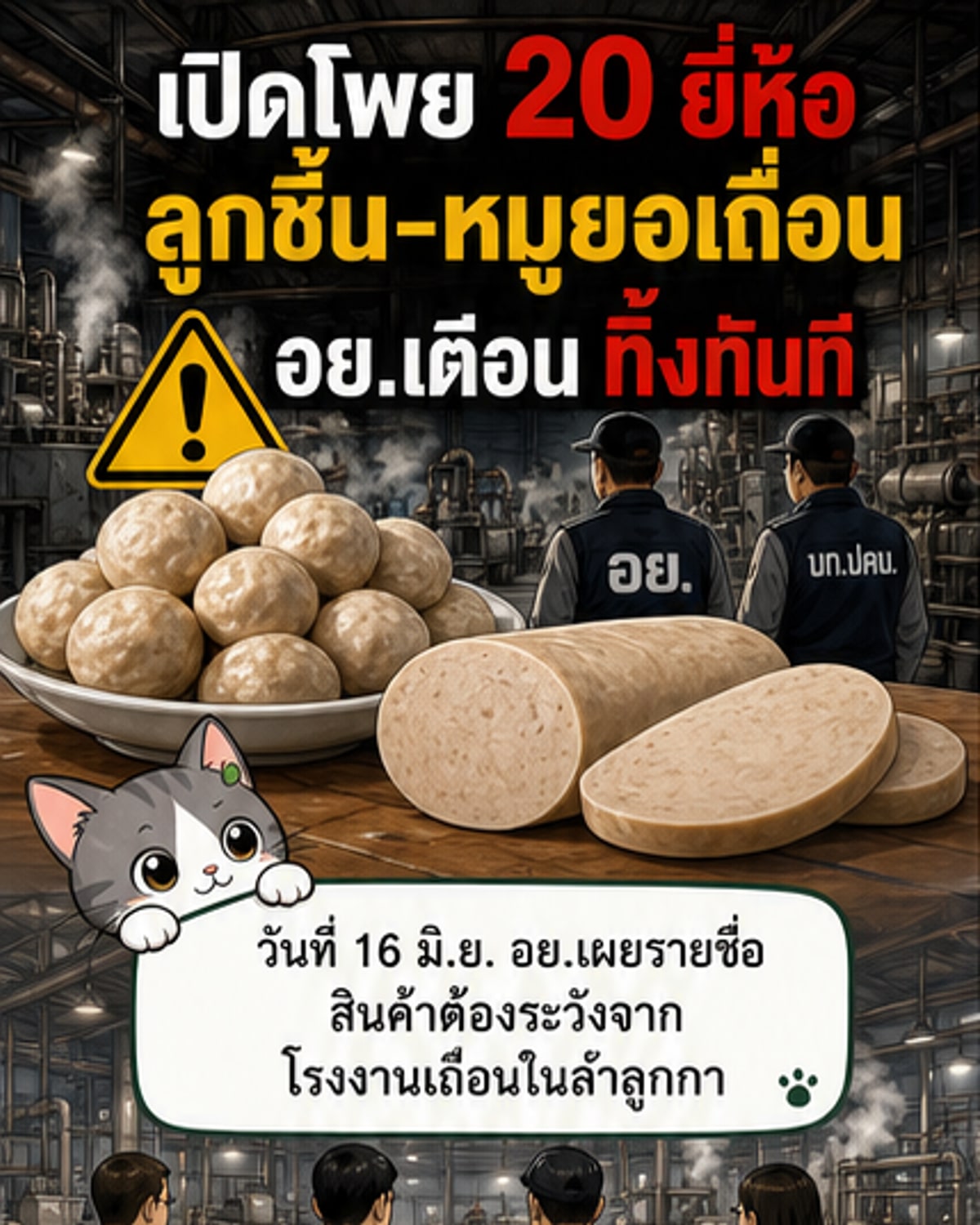 ภาพประกอบแสดงลูกชิ้นและหมูยอหลายยี่ห้อที่ถูกเรียกคืน พร้อมโลโก้ อย. และคำเตือนเรื่องความปลอดภัยอาหาร