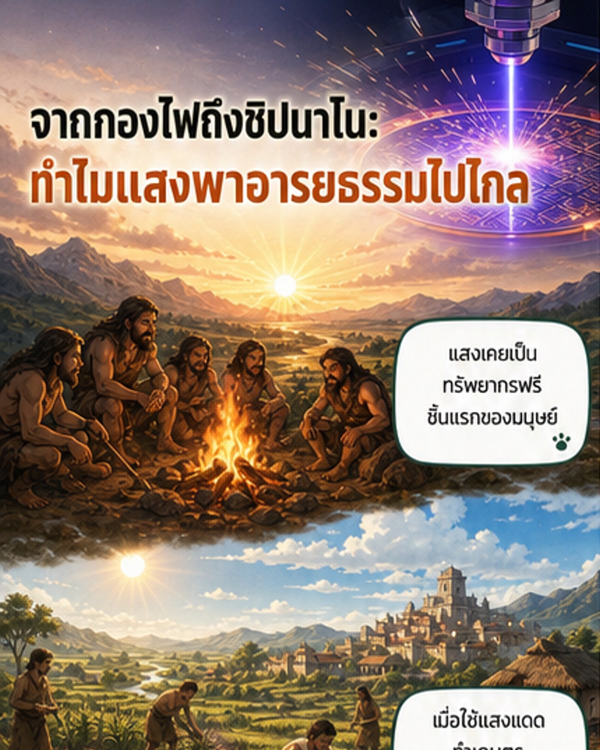 ภาพประกอบแสดงวิวัฒนาการการใช้แสงของมนุษย์ ตั้งแต่การจุดไฟในถ้ำ จนถึงการผลิตชิปด้วยแสง UV และการส่งข้อมูลผ่านไฟเบอร์ออปติก