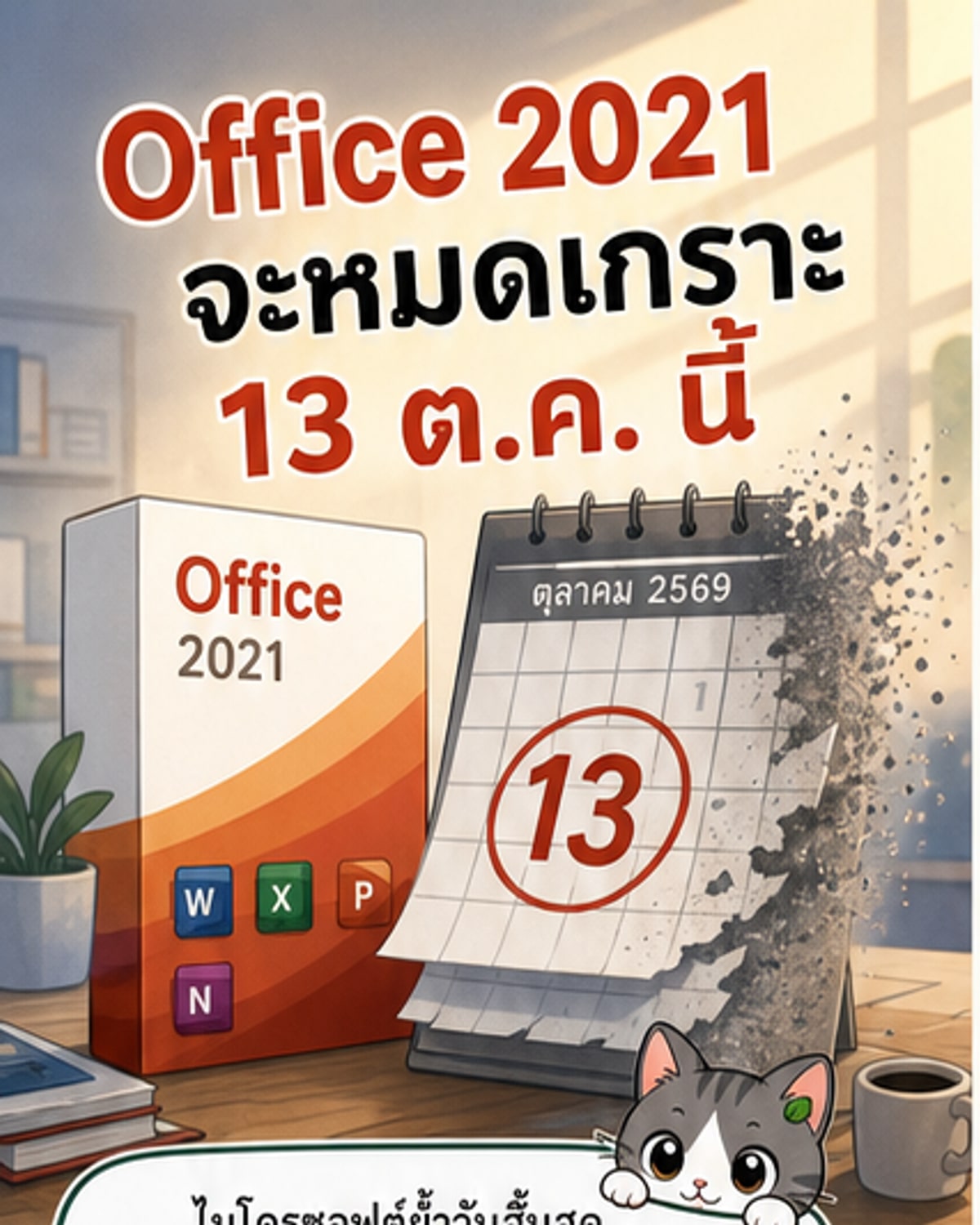 ภาพประกอบแสดงการเปลี่ยนผ่านจาก Office 2021 ไปยัง Microsoft 365 พร้อมปฏิทินที่ทำเครื่องหมายวันที่ 13 ตุลาคม 2026