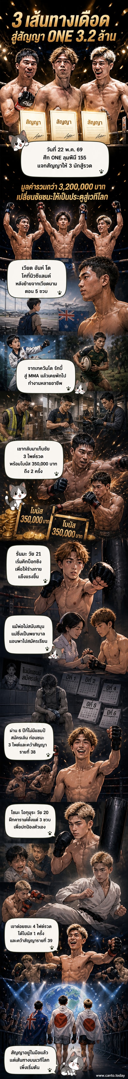 นักสู้ 3 คน ได้แก่ เวียด อันห์ โด, รันมะ และโชมะ โอกุมุระ ยกมือแสดงความดีใจบนเวที ONE ลุมพินี หลังคว้าสัญญา