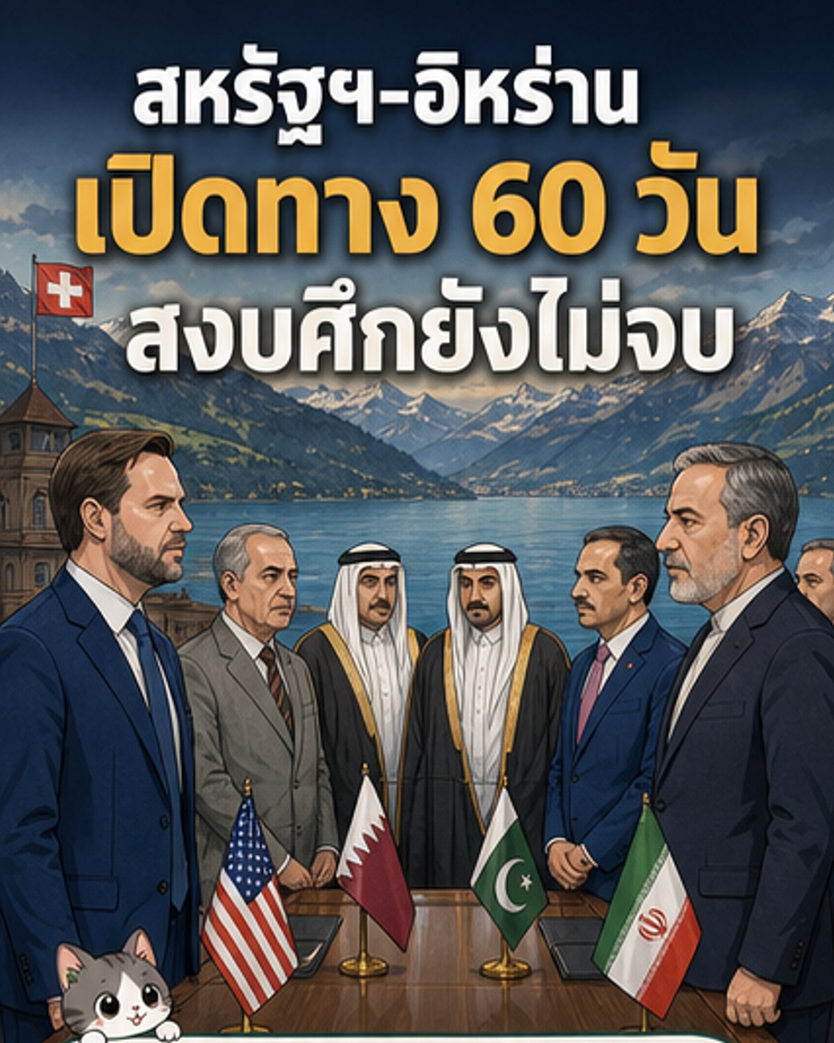 ภาพประกอบการเจรจาระหว่างสหรัฐฯ และอิหร่านในสวิตเซอร์แลนด์ พร้อมแผนที่ช่องแคบฮอร์มุซและเส้นเวลาโรดแมป 60 วัน