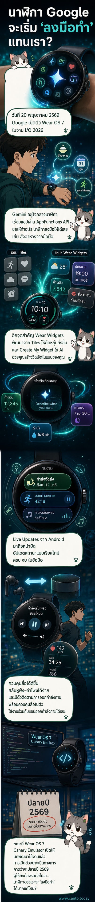 ภาพประกอบแสดงหน้าปัดสมาร์ตวอตช์ที่ใช้ Wear OS 7 พร้อมวิดเจ็ตข้อมูลเรียลไทม์และไอคอนแสดงการทำงานของ Gemini AI