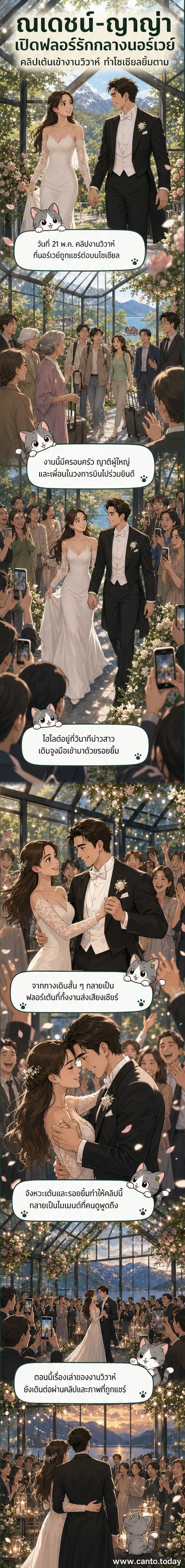 ณเดชน์-ญาญ่า กำลังเต้นคู่กันอย่างมีความสุขในเรือนกระจกท่ามกลางสวนดอกไม้และทิวทัศน์ธรรมชาติของนอร์เวย์ แขกยืนชมและยิ้มอยู่รอบข้าง