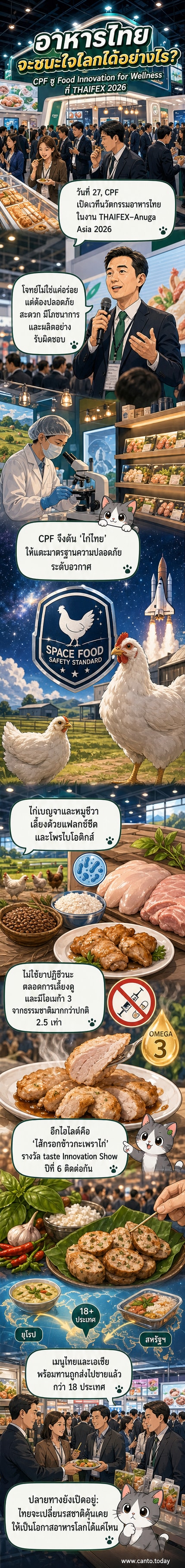บูธซีพีเอฟในงาน THAIFEX–Anuga Asia 2026 ที่แสดงผลิตภัณฑ์อาหารนวัตกรรมเพื่อสุขภาพ รวมถึงไก่เบญจา หมูชีวา และอาหารพร้อมทานรสไทย