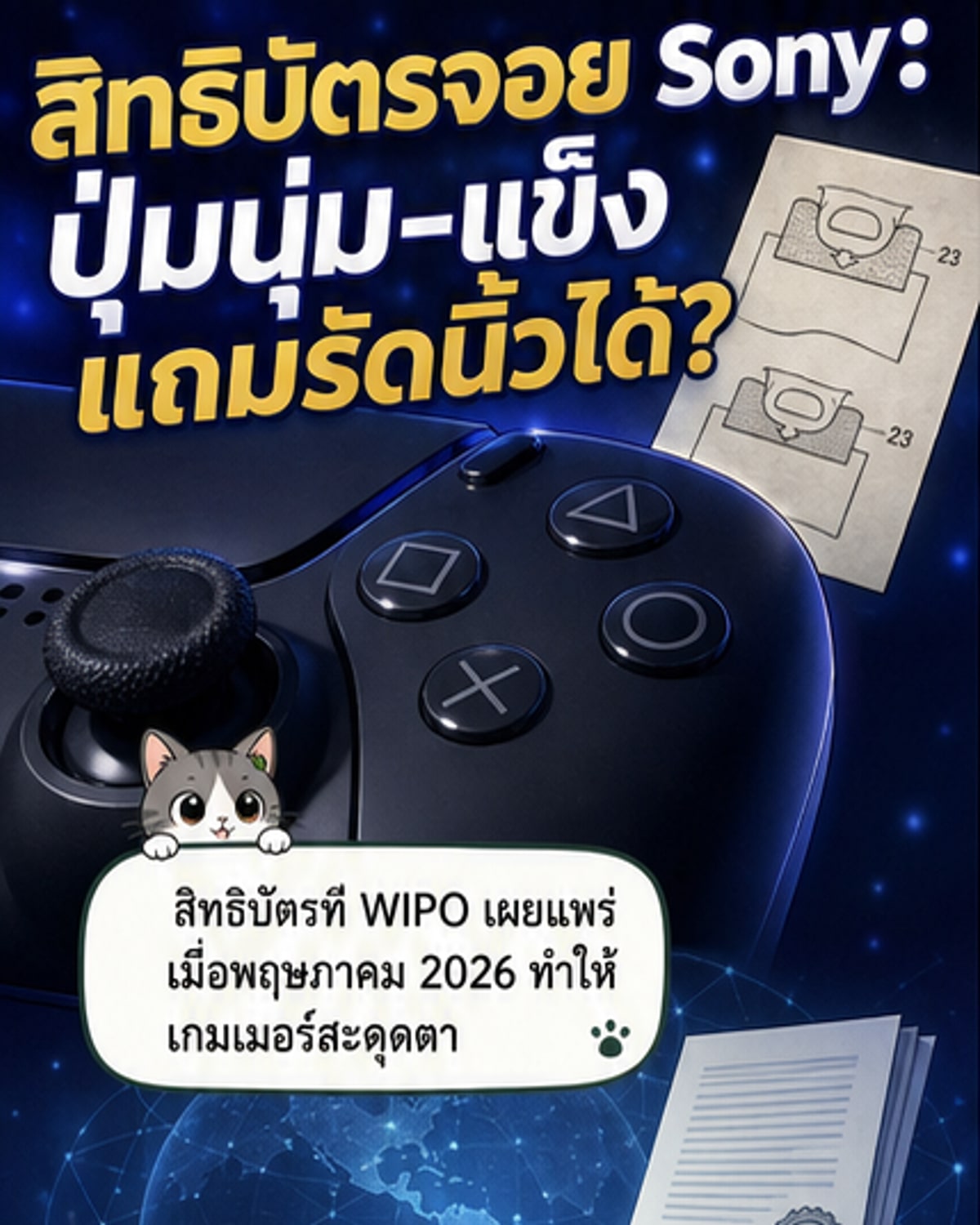 ภาพวาดแนวไซไฟของจอยเกมโซนี่รุ่นใหม่ที่มีปุ่มกดเปลี่ยนรูปร่างและรัดนิ้วผู้เล่น พร้อมแสงสีฟ้าและเทคโนโลยีล้ำสมัย