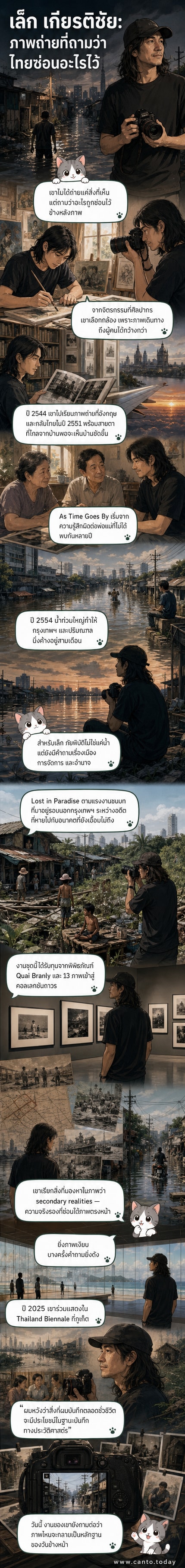 ภาพขาวดำของช่างภาพกำลังถ่ายภาพในพื้นที่น้ำท่วม กรุงเทพฯ รายล้อมด้วยชุมชนชายขอบและสิ่งก่อสร้างที่จมอยู่ในน้ำ