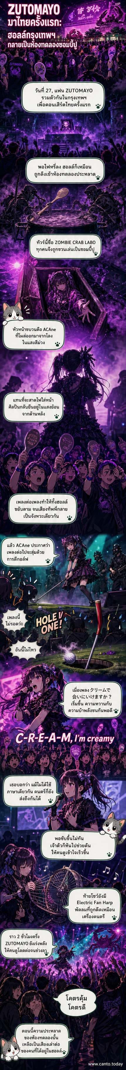 เวทีคอนเสิร์ตมืดครึ้ม ควันพวยพุ่ง นักร้องหญิงผมมัดแกละยืนอยู่กลางเวที ถือไม้กอล์ฟ รายล้อมด้วยเครื่องดนตรีแปลกตาและแฟนคลับในชุดดำ-ม่วง