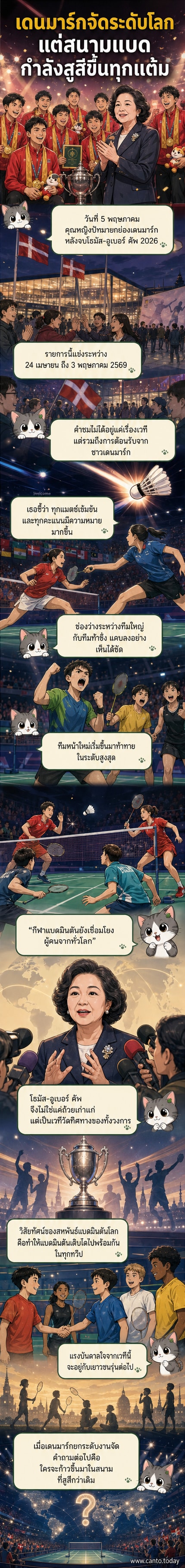 ภาพกราฟิกเว็บตูนกีฬา แสดงฉากการแข่งขันแบดมินตัน โธมัส-อูเบอร์ คัพ 2026 ที่เดนมาร์ก พร้อมป้ายชื่อคุณหญิงปัทมา ลีสวัสดิ์ตระกูล ที่ชื่นชมการจัดงาน