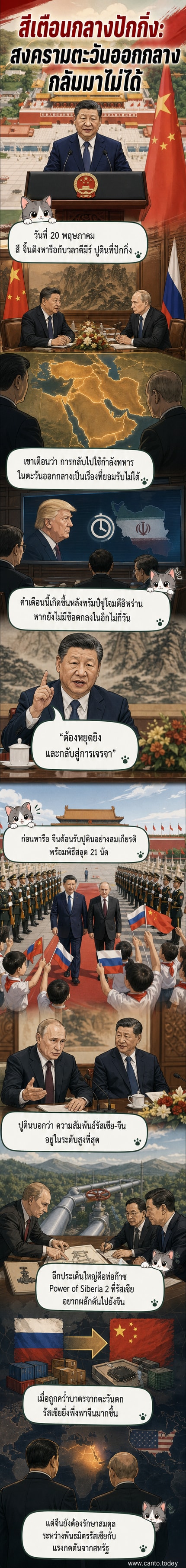 ภาพผู้นำจีนและรัสเซียยืนเคียงข้างกันในพิธีต้อนรับอย่างเป็นทางการ ท่ามกลางธงชาติทั้งสองประเทศและขบวนทหาร