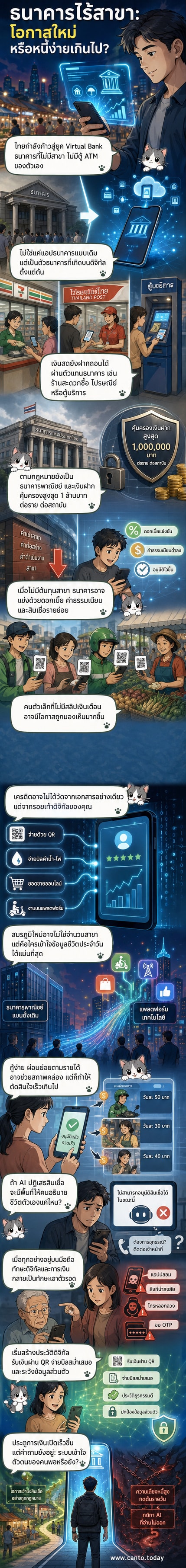 ภาพประกอบของธนาคารไร้สาขา แสดงมือถือที่แสดงแอปธนาคาร พร้อมไอคอนดิจิทัลและเครือข่ายตัวแทนบริการเงินสด