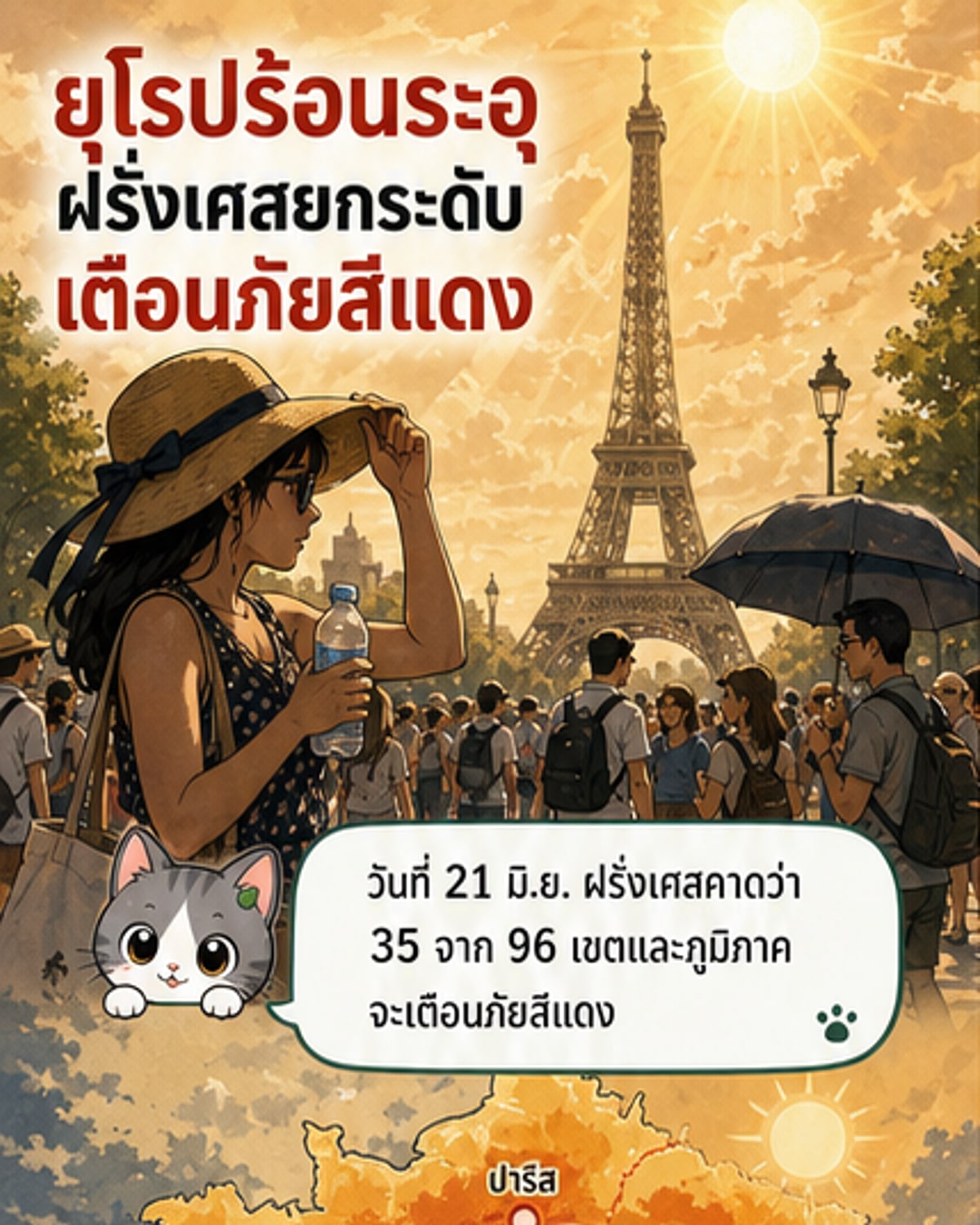แผนที่ยุโรปแสดงพื้นที่ที่ได้รับผลกระทบจากคลื่นความร้อน พร้อมตัวเลขอุณหภูมิในฝรั่งเศส เยอรมนี อิตาลี และสเปน
