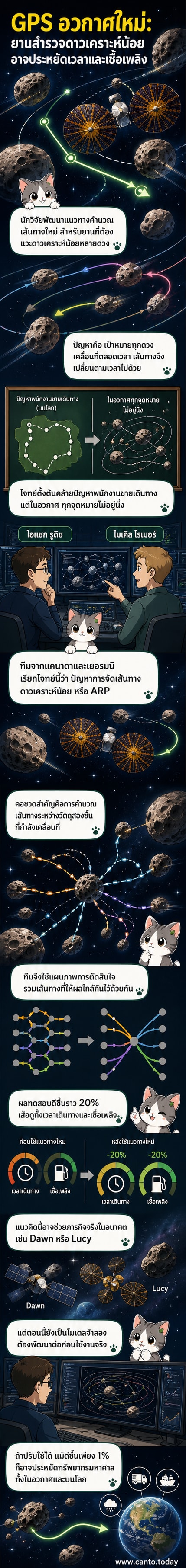 ภาพประกอบยานอวกาศกำลังเดินทางผ่านกลุ่มดาวเคราะห์น้อย โดยมีเส้นทางการเดินทางแบบไดนามิกแสดงเป็นเส้นโค้งรอบตัวมัน พร้อมไอคอนแผนภาพการตัดสินใจและสมการแลมเบิร์ตลอยอยู่ใกล้เคียง