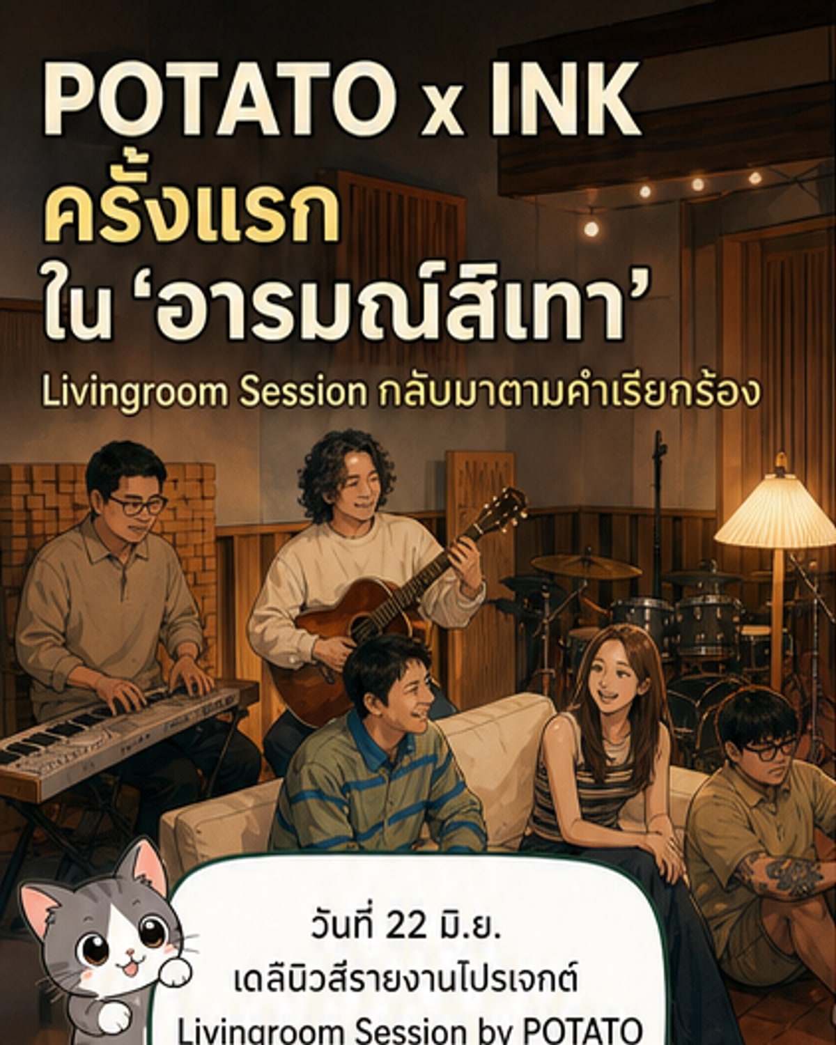 ภาพศิลปินสองคนนั่งร้องเพลงร่วมกันในบรรยากาศห้องนั่งเล่น พร้อมกีตาร์และอุปกรณ์ดนตรีรอบตัว