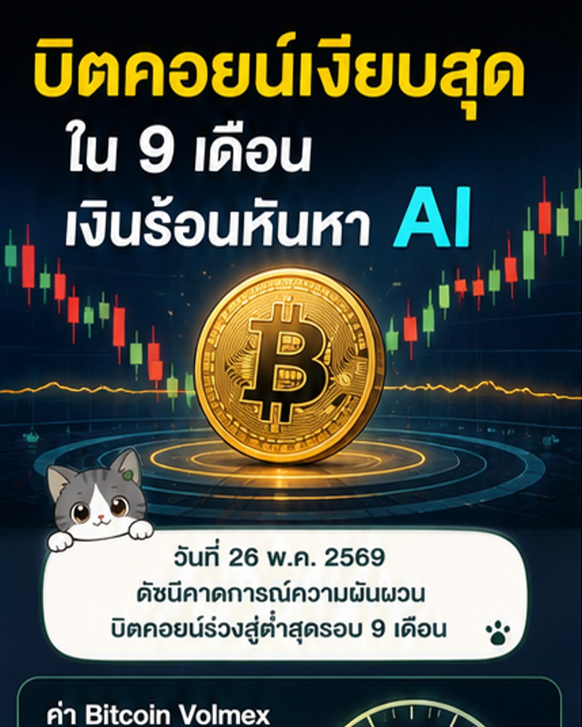 บิตคอยน์ผันผวนต่ำสุดรอบ 9 เดือน