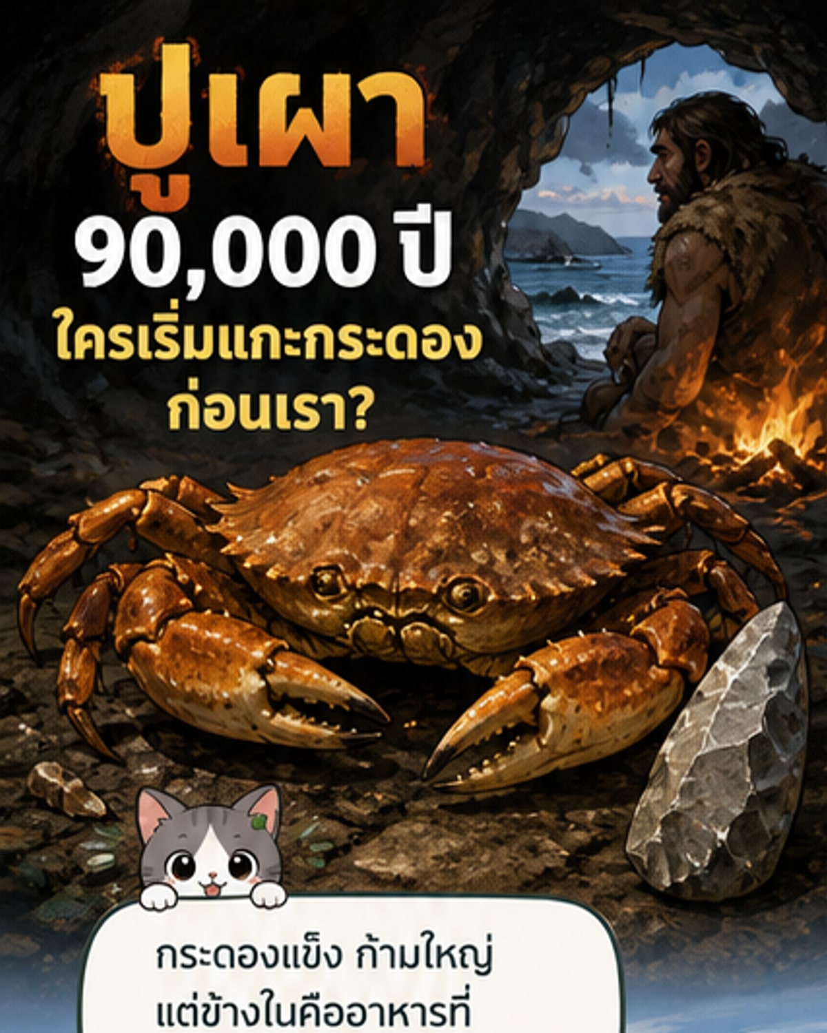 ภาพวาดจำลองมนุษย์นีแอนเดอร์ทัลกำลังย่างปูบนกองไฟในถ้ำ พร้อมเศษกระดองปูกระจายอยู่รอบตัว